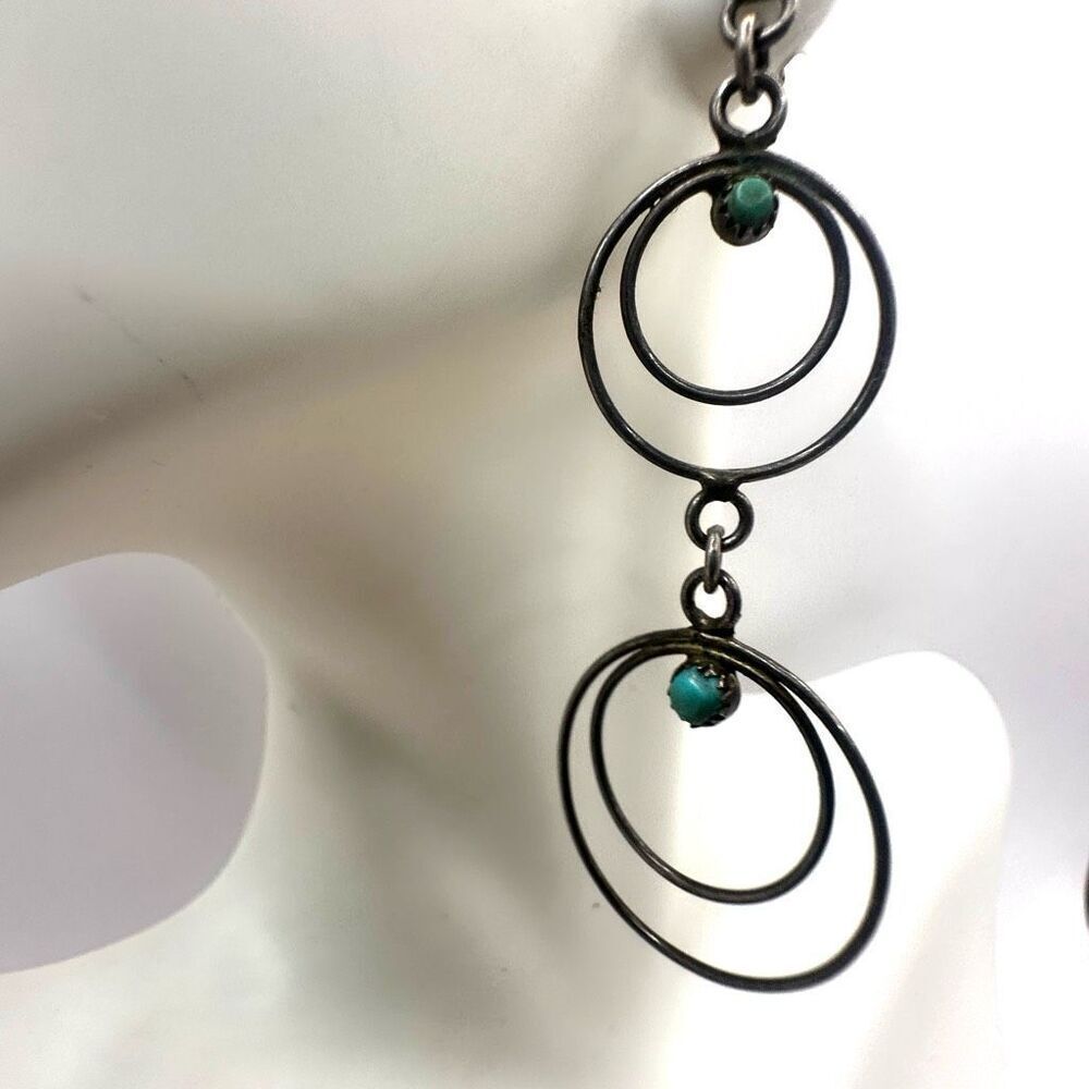 Sterling silver and turquoise double circle long drop earrings